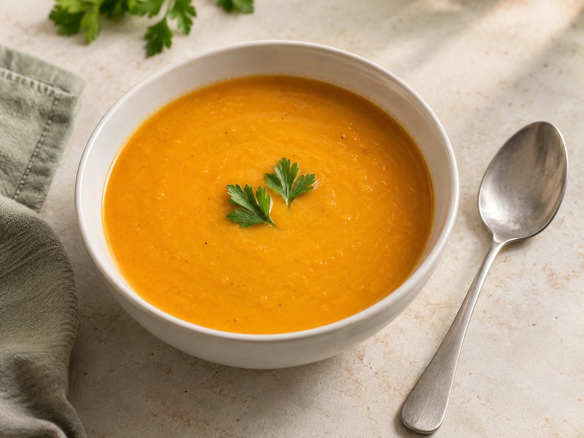 Beyaz kasede, maydanoz yapraklarıyla sunulan balkabaklı kırmızı mercimek çorbası