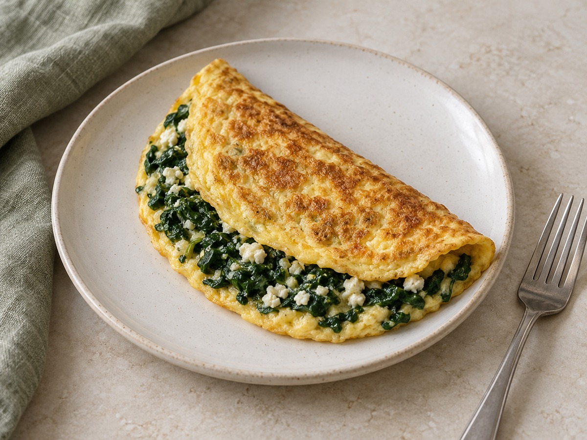 Beyaz tabakta, içinde ıspanak ve lor peyniri görünen altın renkli katlanmış omlet